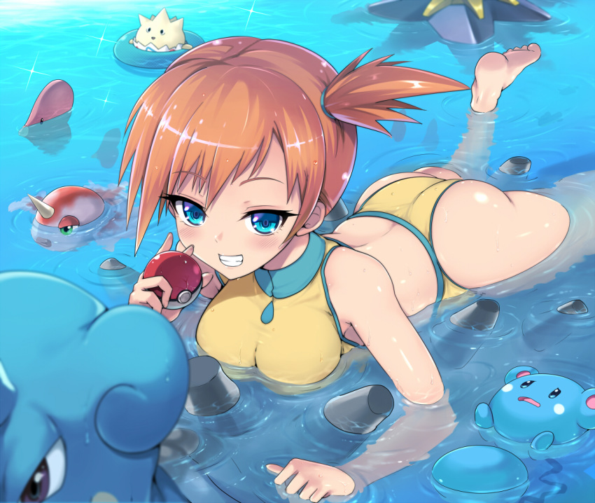 1girl ass blue_eyes blush breasts character_request commentary_request eyebrows_visible_through_hair grin holding kasai_shin kasumi_(pokemon) looking_at_viewer lying on_stomach one-piece_swimsuit open_mouth orange_hair outdoors partially_submerged poke_ball pokemon pokemon_(creature) short_hair side_ponytail smile swimsuit water wet