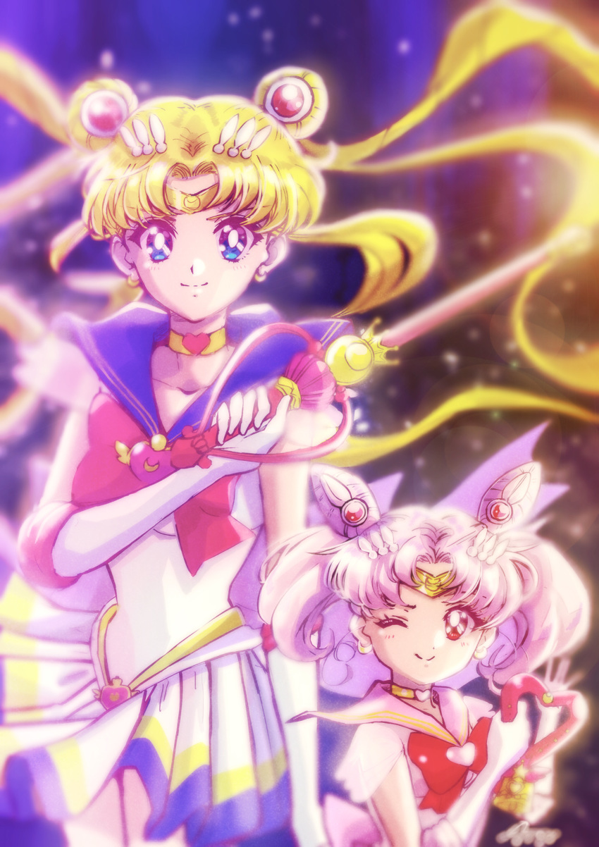 2girls ;) bishoujo_senshi_sailor_moon blonde_hair blue_eyes blue_sailor_collar choker circlet closed_mouth collarbone collared_shirt double_bun earrings elbow_gloves floating_hair gloves hair_intakes heart heart_choker highres holding jewelry long_hair looking_at_viewer miniskirt multiple_girls one_eye_closed pink_hair plaid plaid_skirt sailor_chibi_moon sailor_collar sailor_moon sailor_shirt shiny shiny_hair shirt short_sleeves skirt smile standing super_sailor_chibi_moon super_sailor_moon twintails verse very_long_hair white_gloves white_shirt white_skirt yellow_choker yellow_sailor_collar