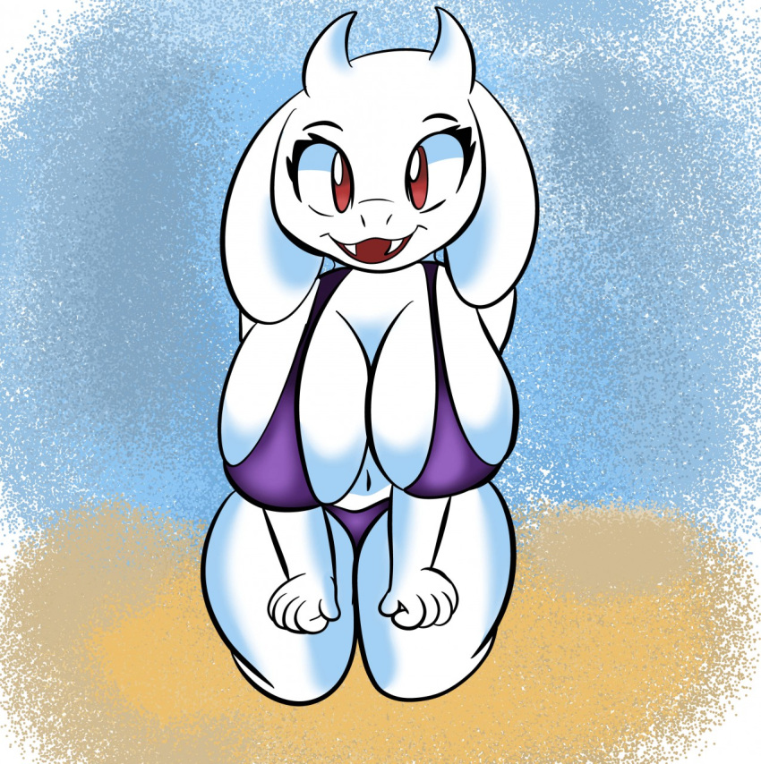 anthro beach big_breasts bikini boss_monster bovid breasts caprine cleavage clothed clothing female fur hand_on_leg hi_res horn kneeling looking_at_viewer mammal open_mouth red_eyes seaside smile solo someth1ngoranother swimwear teeth thick_thighs toriel undertale video_games white_body white_fur wide_hips