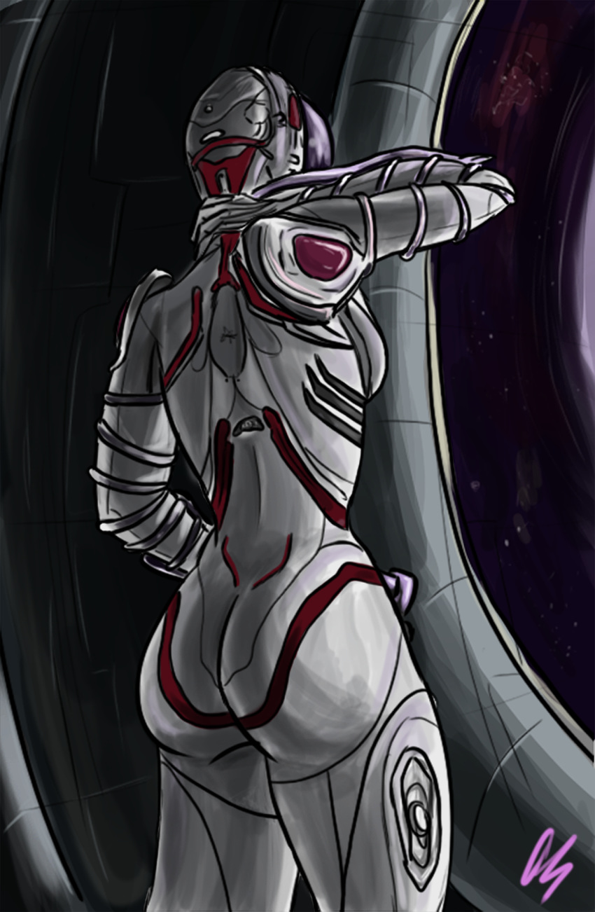 2d alien armor big_butt breasts butt colored female headgear helmet hi_res humanoid machine mag_(warframe) professorcomms robot small_breasts space star thick_thighs video_games warframe window