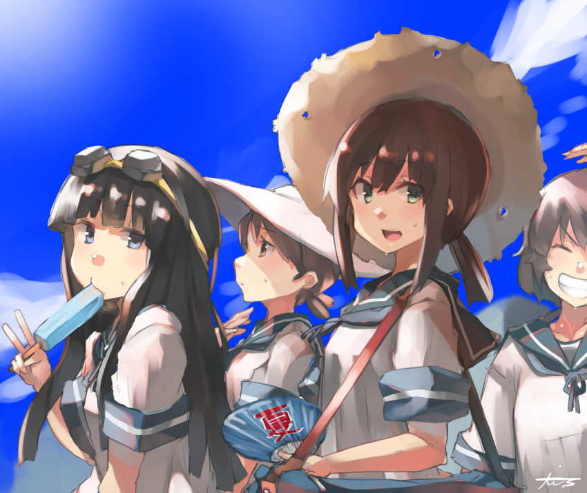 4girls akicosmossakasa bag black_eyes black_hair blue_sailor_collar blue_sky brown_eyes cloud commentary_request fan fubuki_(kantai_collection) hat hatsuyuki_(kantai_collection) highres kantai_collection long_hair looking_at_viewer low_ponytail low_twintails miyuki_(kantai_collection) multiple_girls paper_fan ponytail sailor_collar school_uniform serafuku shirayuki_(kantai_collection) short_hair short_ponytail sidelocks sky straw_hat sun_hat twintails uchiwa upper_body