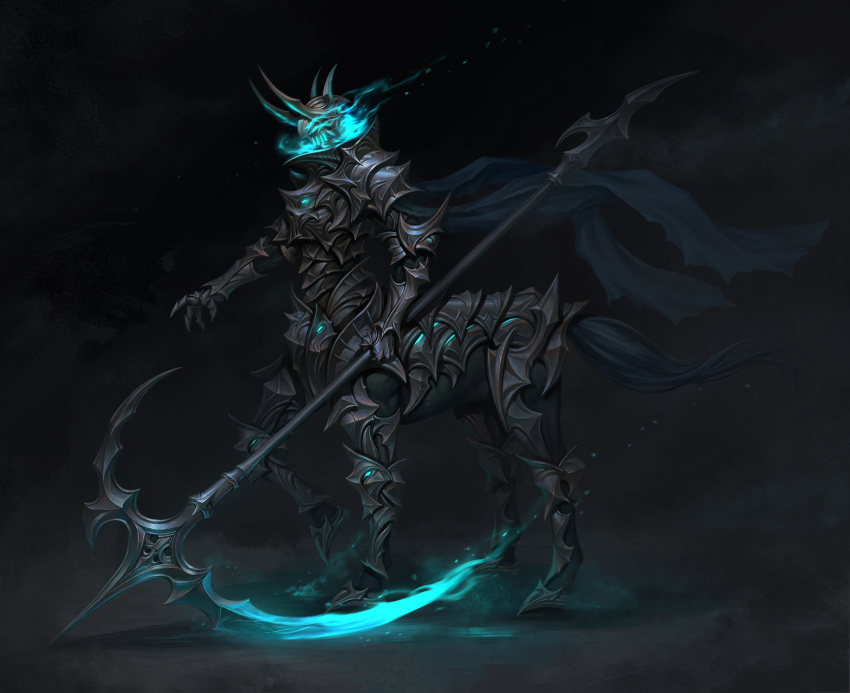 1boy armor centaur cheolseung_ok creature dark_knight fog full_armor gauntlets glowing glowing_weapon greaves helmet highres holding holding_scythe holding_weapon male_focus monster original scythe solo standing tail vambraces weapon