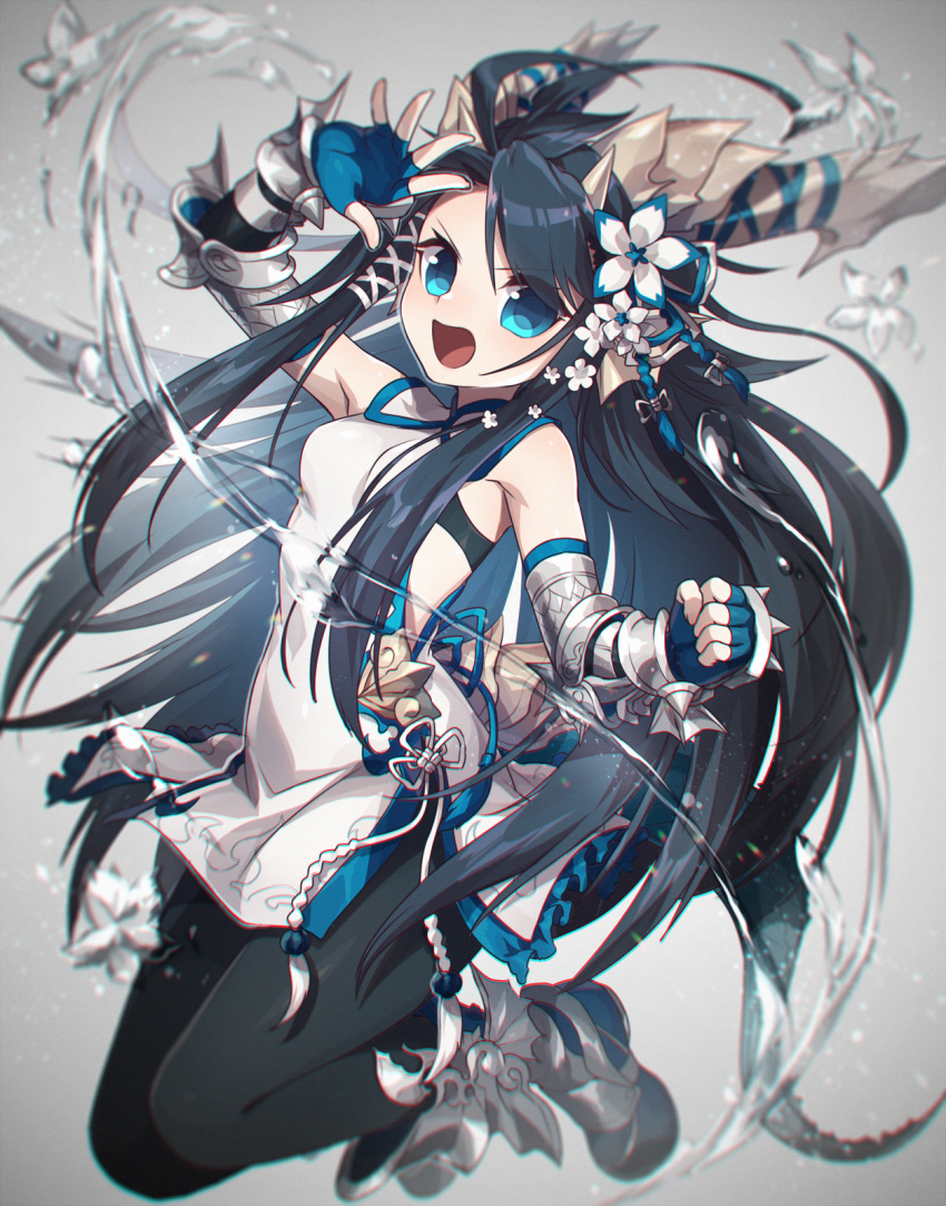 1girl ankle_boots arm_up armpits bare_shoulders black_hair black_legwear blue_eyes blue_gloves blurry boots brass_knuckles breasts china_dress chinese_clothes commentary_request dragon_girl dragon_horns dragon_tail dress elbow_gloves fingerless_gloves full_body gloves grey_background hair_ornament hand_up head_fins highres horns karin_(p&amp;d) kozakura_(dictionary) long_hair medium_breasts open_mouth puzzle_&amp;_dragons scales simple_background sleeveless sleeveless_dress solo tail very_long_hair weapon white_dress