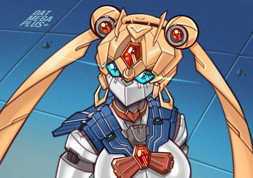 1girl android artist_name bishoujo_senshi_sailor_moon blue_eyes breasts english_commentary glowing glowing_eyes highres large_breasts looking_up mechanization metal_skin no_humans oatmegaplus robot sailor_moon sailor_moon_redraw_challenge solo