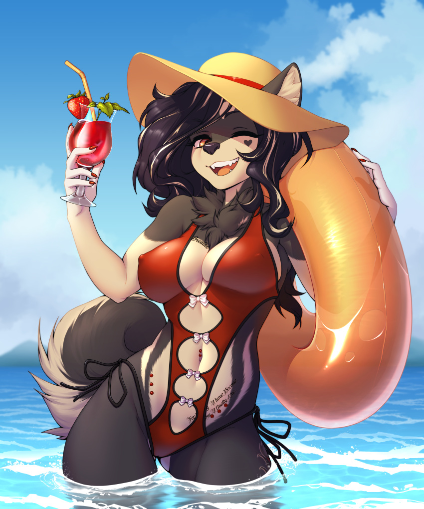2020 5_fingers absurd_res alcohol anthro beach beverage big_breasts biped breasts canid canine canis clothed clothing colored_nails cute_expression cute_face cute_fangs dermal_piercing digital_media_(artwork) domestic_dog female fingers floaty floaty_tube fluffy fluffy_tail fur hair hat headgear headwear heart_marking hi_res hip_piercing honnari_hannya inflatable inner_tube jenni_(jennibutt) looking_at_viewer mammal nails navel navel_piercing neck_tuft one-piece_swimsuit open_mouth outside piercing pinup pomeranian pool_toy pose seaside simple_background skimpy sky smile solo spitz summer summer_hat surface_piercing swimwear tattoo text tuft water
