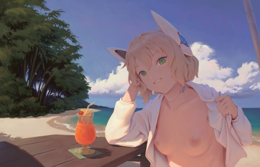1girl android beach bigrbear blonde_hair blue_sky breasts cherry cloud cocktail collarbone commentary cup day drinking_glass drinking_straw food fruit green_eyes hand_on_own_head head_rest head_tilt headgear highres joints lemon lemon_slice long_sleeves looking_at_viewer naked_shirt nipples no_bra ocean open_clothes open_shirt original outdoors parted_lips robot_joints shirt short_hair sky small_breasts smile solo sunlight tree upper_body water white_shirt wooden_table