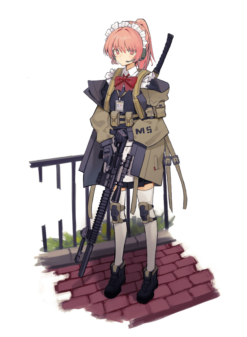 1girl black_footwear black_gloves bow brick brick_floor fence frills gloves gun highres holding holding_gun holding_weapon id_card maid maid_headdress medium_hair microphone nitrio original pink_eyes pink_hair plant ponytail pouch red_bow red_neckwear rifle sleeves_past_wrists solo standing sword thighhighs weapon weapon_on_back white_background white_legwear