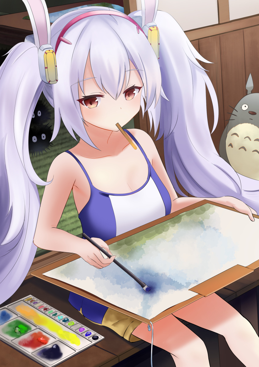 1girl absurdres alternate_costume animal_ears armpits azur_lane bare_shoulders breasts bunny_ears cleavage collarbone commentary_request crossover fake_animal_ears hairband highres holding john_manjirou_(love-love-happy21) laffey_(azur_lane) long_hair looking_at_viewer mouth_hold multiple_crossover paintbrush painting painting_(object) palette pants paper popsicle_stick red_eyes sitting small_breasts solo studio_ghibli susuwatari tonari_no_totoro totoro twintails white_hair wooden_floor