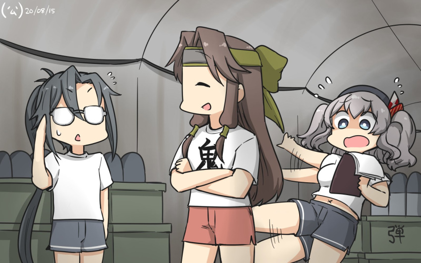 3girls afterimage alternate_costume amagiri_(kantai_collection) asymmetrical_bangs bangs blue_eyes brown_hair clipboard closed_eyes clothes_writing commentary_request crossed_arms dated falling forehead_protector glasses grey_hair grey_shorts hair_between_eyes hamu_koutarou highres indoors jintsuu_(kantai_collection) kantai_collection kashima_(kantai_collection) long_hair multiple_girls opaque_glasses orange_shorts paper ponytail remodel_(kantai_collection) salute shirt shorts sidelocks silver_hair t-shirt torpedo twintails very_long_hair wavy_hair white_shirt x_navel