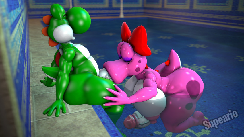 3d_(artwork) absurd_res anthro birdo breasts digital_media_(artwork) fellatio genitals green_yoshi hi_res intersex intersex/male male mario_bros nintendo oral penile penis poolside sex source_filmmaker supeario video_games yoshi