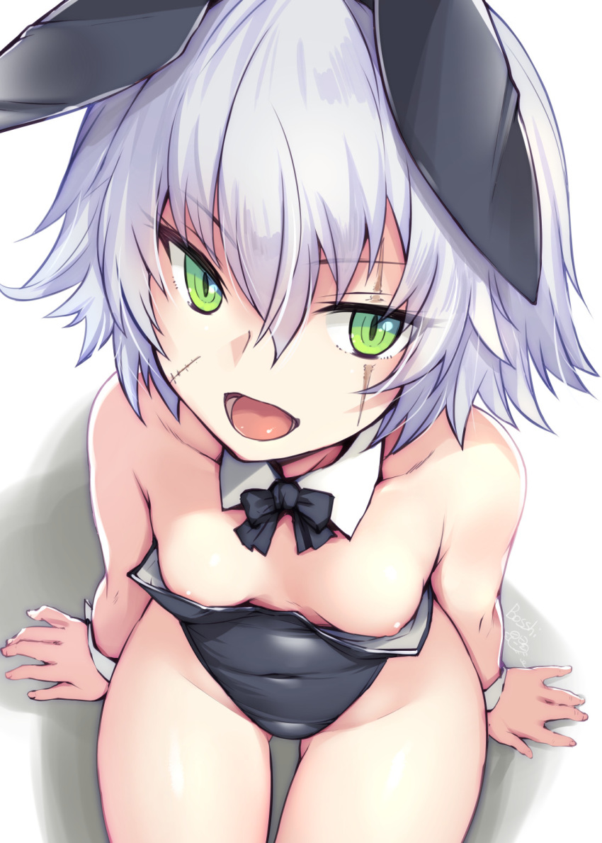 1girl :d animal_ears areola_slip areolae arms_at_sides bangs bare_arms bare_hips bare_shoulders black_bow black_leotard black_neckwear bosshi bow bowtie breasts bunny_ears bunnysuit collarbone covered_navel detached_collar eyebrows_visible_through_hair facial_scar fake_animal_ears fate/apocrypha fate_(series) from_above green_eyes highleg highleg_leotard highres jack_the_ripper_(fate/apocrypha) leotard looking_at_viewer looking_up open_mouth scar scar_across_eye short_hair silver_hair simple_background sitting small_breasts smile solo strapless strapless_leotard thighs white_background wrist_cuffs