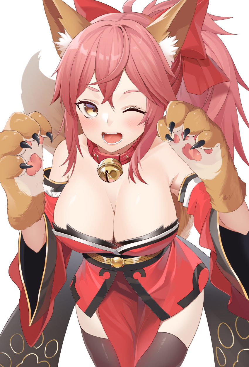 1girl ;d absurdres animal_ear_fluff animal_ears bell black_legwear blush breasts brown_eyes cleavage collar commentary_request detached_sleeves fate/grand_order fate_(series) fox_ears fox_girl fox_tail gloves guntree highres japanese_clothes jingle_bell kimono large_breasts leaning_forward long_hair long_sleeves looking_at_viewer obi one_eye_closed open_mouth paw_gloves paws pink_hair ponytail red_kimono sash sidelocks simple_background smile solo tail tamamo_(fate)_(all) tamamo_cat_(fate) thighhighs white_background wide_sleeves