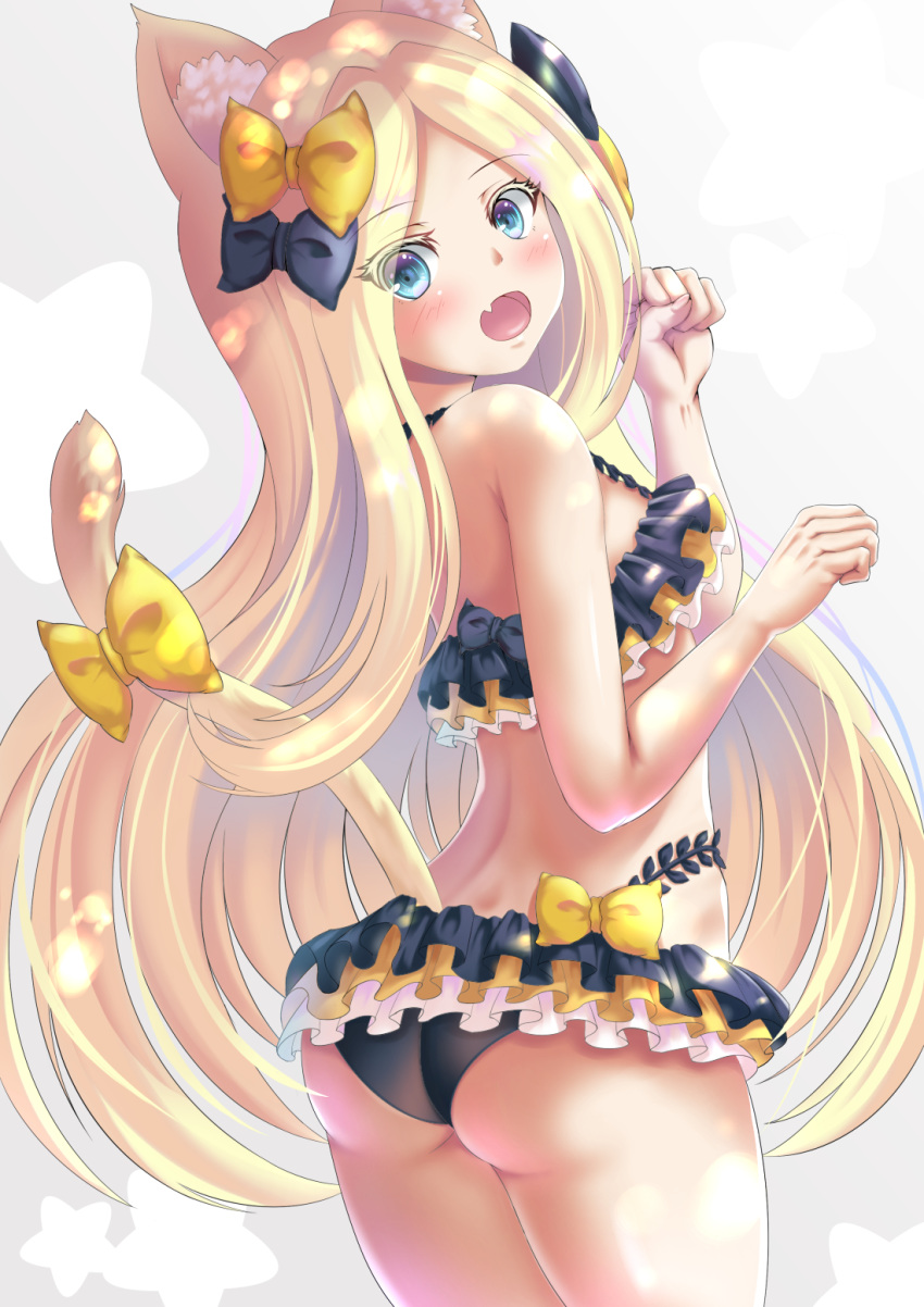 1girl abigail_williams_(fate/grand_order) animal_ears ass back bangs bare_shoulders bikini black_bikini black_bow black_skirt blonde_hair blue_eyes blush bow breasts cat_ears cat_tail collarbone emerald_float fang fate/grand_order fate_(series) forehead frilled_bikini frills highres koji45hiro long_hair looking_at_viewer looking_back microskirt multiple_bows navel orange_bow parted_bangs paw_pose sidelocks skin_fang skirt small_breasts swimsuit tail thighs