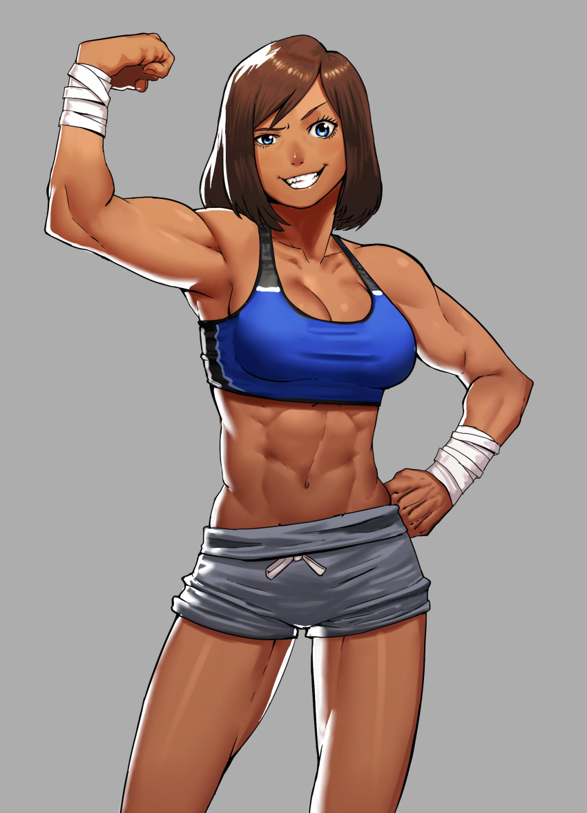 1girl abs absurdres alternate_hair_length alternate_hairstyle avatar_(series) bared_teeth biceps blue_eyes blue_sports_bra breasts brown_hair cessa cleavage commentary commission contrapposto dark_skin english_commentary flexing grey_background grin gym_shorts highres korra medium_breasts muscle muscular_female navel pose short_hair shorts smile solo sports_bra standing the_legend_of_korra wrist_wrap