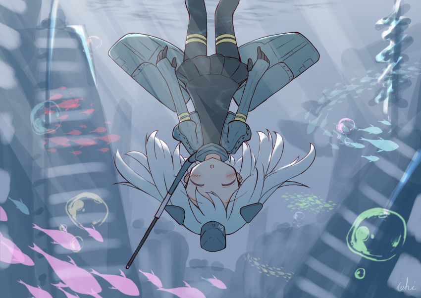 1girl :o absurdres air_bubble animal bangs blush bubble closed_eyes commentary_request cropped_jacket day elbow_gloves eyebrows_visible_through_hair facing_viewer feet_out_of_frame fish garrison_cap gloves grey_gloves grey_headwear grey_jacket hat headgear highres ichi jacket kantai_collection machinery mini_hat open_clothes open_jacket outdoors parted_lips puffy_short_sleeves puffy_sleeves short_sleeves signature solo u-511_(kantai_collection) underwater upside-down water wetsuit white_hair