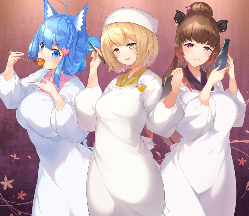 3girls ahoge alcohol animal_ear_fluff animal_ears animare bangs black_kimono blonde_hair blue_eyes blue_hair blush braid breasts brown_hair brown_kimono chopsticks clipboard closed_mouth ear_piercing eating eyebrows_visible_through_hair food hair_between_eyes hair_bun hair_ornament hairpin head_scarf heart heart_hair_ornament highres holding holding_chopsticks holding_pencil inaba_haneru_(animare) japanese_clothes kappougi kimono kokka_han large_breasts long_hair looking_at_viewer mature medium_breasts multiple_girls parted_lips pencil piercing pink_kimono red_eyes sake smile souya_ichika tokkuri v-shaped_eyebrows very_long_hair white_headwear yellow_eyes yunohara_izumi