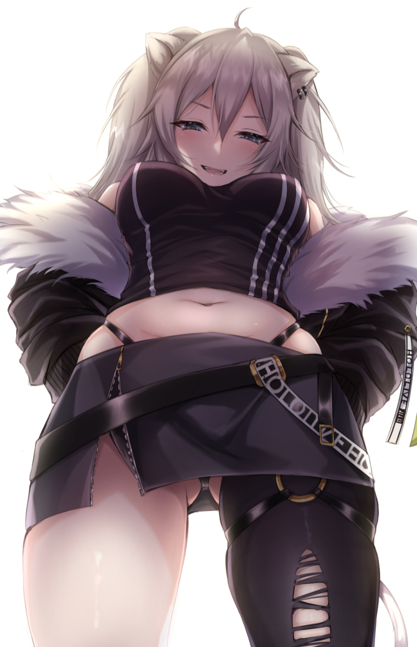 1girl :d ahoge animal_ears ass_visible_through_thighs bare_shoulders black_panties blush breasts earrings eyebrows_visible_through_hair from_below fur-trimmed_jacket fur_trim grey_eyes grey_hair hair_between_eyes highres hololive jacket jewelry large_breasts lion_ears lion_girl lion_tail long_hair looking_at_viewer midriff navel open_mouth panties shimo_(depthbomb) shirt shishiro_botan single_leg_pantyhose skindentation skirt sleeveless sleeveless_shirt smile solo tail thigh_strap thighs torn_clothes torn_legwear underwear unzipped virtual_youtuber