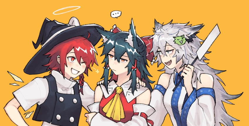... 3girls alternate_hairstyle animal_ears arknights bare_shoulders black_hair black_headwear blue_eyes bow cosplay crossed_arms exusiai_(arknights) hair_bow hair_ornament hakurei_reimu hakurei_reimu_(cosplay) halo hand_on_another's_shoulder hat kirisame_marisa kirisame_marisa_(cosplay) kochiya_sanae kochiya_sanae_(cosplay) lappland_(arknights) looking_at_another multiple_girls orange_background red_bow red_hair scar scar_across_eye spoken_ellipsis texas_(arknights) touhou upper_body vento white_hair witch_hat wolf_ears