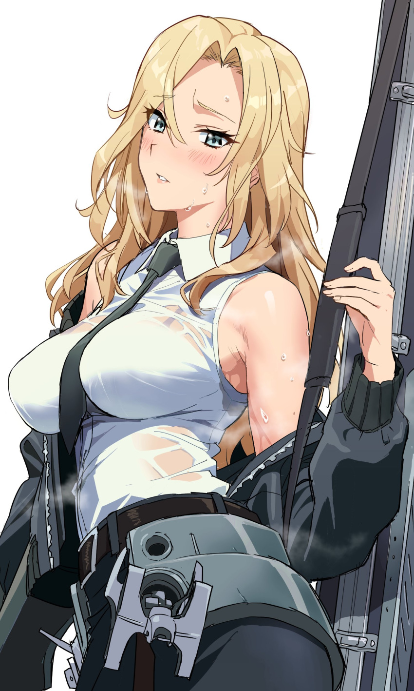 1girl absurdres black_jacket blonde_hair blue_eyes blush bomber_jacket breasts eyebrows_visible_through_hair hair_between_eyes highres hornet_(kantai_collection) ishii_takamori jacket kantai_collection large_breasts long_hair necktie off_shoulder parted_lips see-through shirt simple_background skirt sleeveless sleeveless_shirt solo steam sweat white_background white_shirt