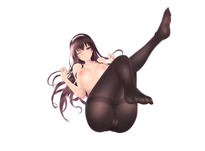 ass book breasts cait cameltoe headband kasumigaoka_utaha long_hair nipples nopan pantyhose pink_eyes purple_hair saenai_heroine_no_sodatekata topless white wink