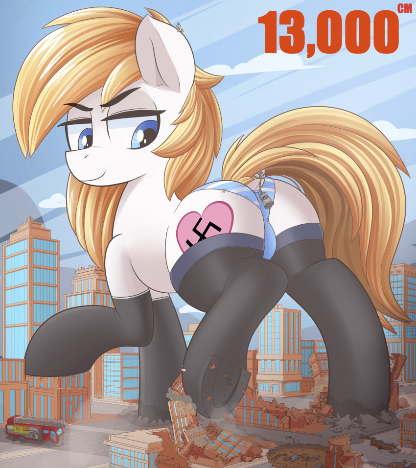 &lt;3 absurd_res aryanne_(character) blonde_hair blue_eyes bound building caged city clothing cutie_mark equid equine fan_character female fire_engine gas_chamber hair hasbro hi_res horse legwear macro mammal my_little_pony nignogs panties pony skyscraper starlight stockings swastika truck_(vehicle) underwear vehicle