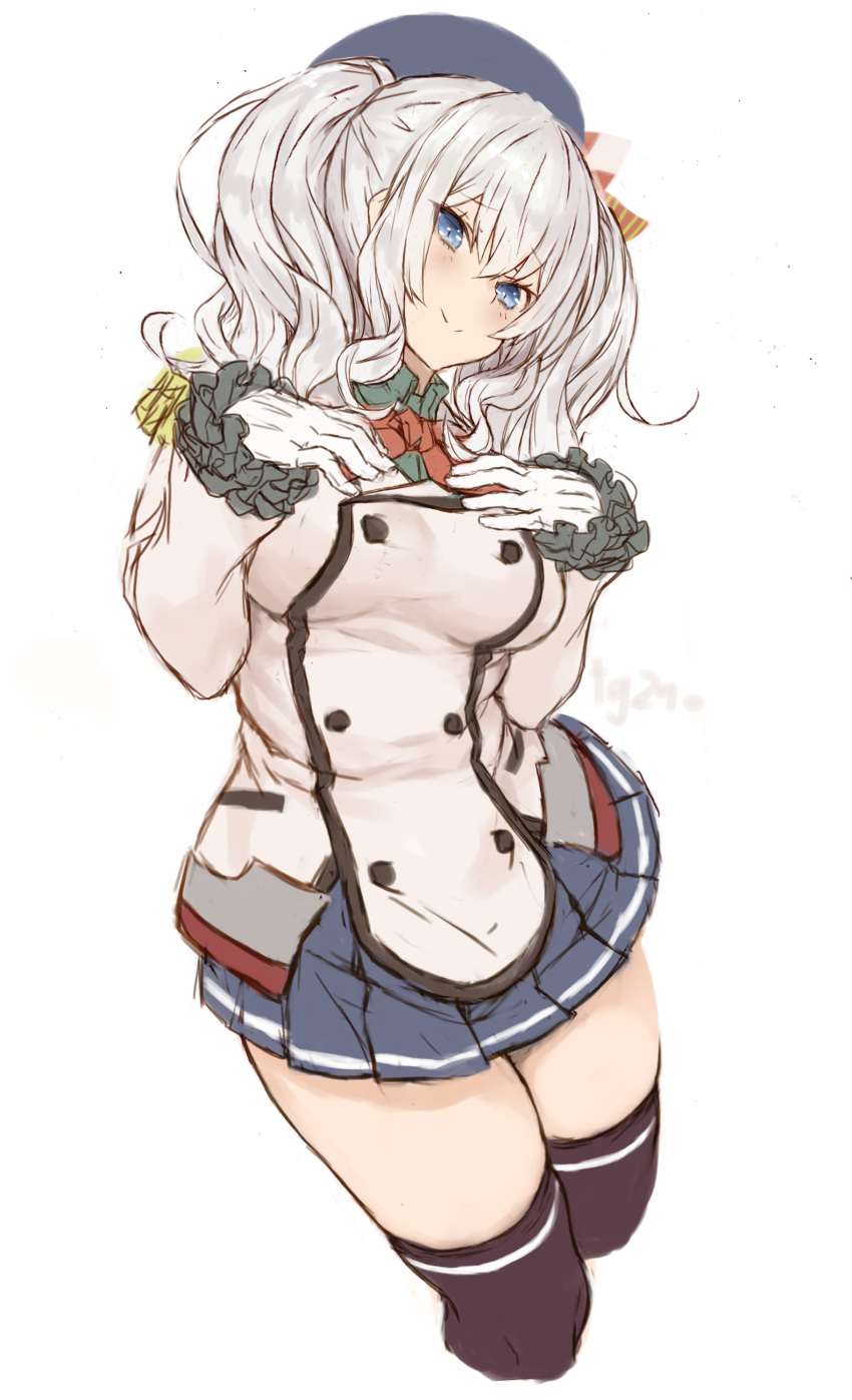 1girl absurdres black_legwear blue_eyes breasts buttons cowboy_shot cropped_legs epaulettes frilled_sleeves frills gloves goekawa grey_skirt highres jacket kantai_collection kashima_(kantai_collection) large_breasts long_sleeves looking_at_viewer military military_jacket military_uniform miniskirt neckerchief pleated_skirt red_neckwear sidelocks silver_hair simple_background skirt smile solo thighhighs tsurime twintails uniform wavy_hair white_background white_gloves white_jacket