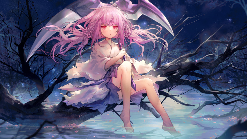 1girl bangs bare_tree barefoot commentary_request duel_monster eyelashes flower ghost_reaper_&amp;_winter_cherries hair_flower hair_ornament highres holding holding_weapon long_hair night no.18 outdoors pink_hair red_eyes sash sitting sky soaking_feet solo star_(sky) toes torn_clothes tree twintails water weapon yuu-gi-ou