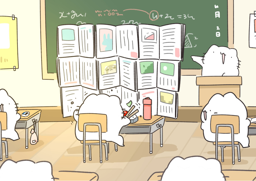 absurdres book chair chalkboard chopsticks classroom commentary desk eating eraser highres karameru karameru_(character) math obentou open_book original podium school thermos wooden_floor