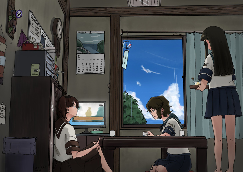 3girls barefoot hatsuyuki_(kantai_collection) highres kantai_collection kuragare long_hair medium_hair miyuki_(kantai_collection) multiple_girls school_uniform serafuku shikinami_(kantai_collection) short_hair sidelocks television wind_chime window