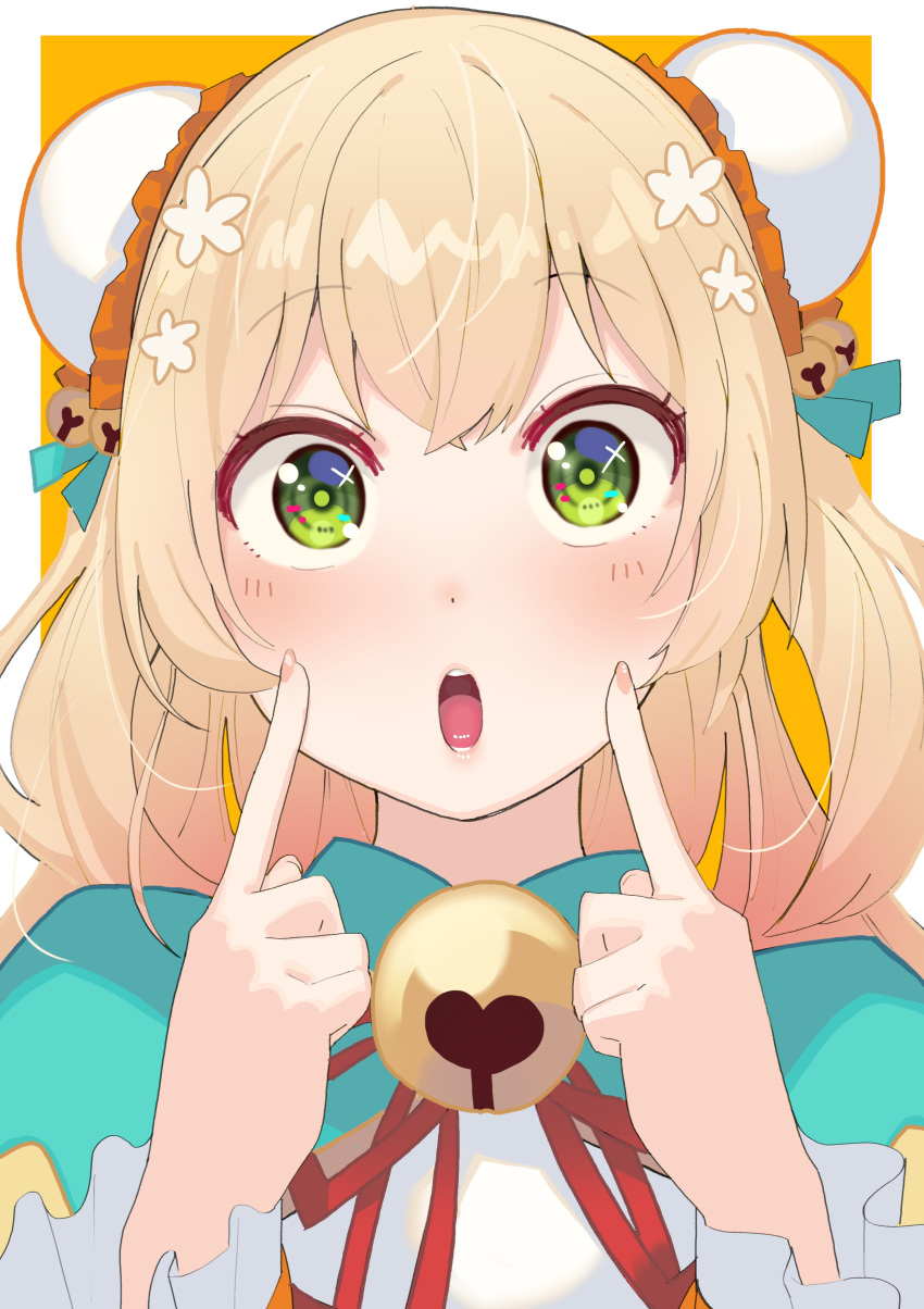 absurdres bell blonde_hair blush chinese_clothes fingernails green_eyes hair_between_eyes hair_bun hair_ornament highres hololive long_hair looking_at_viewer momosuzu_nene open_mouth pointing pointing_at_self portrait simple_background tonari_no_kai_keruberosu