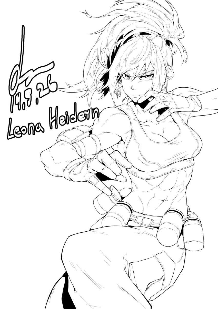 1girl abs absurdres biceps breasts character_name dated earrings gas_can gloves high_ponytail highres jewelry leona_heidern lineart midriff minew monochrome muscle muscular_female pants ponytail pouch signature simple_background solo tank_top the_king_of_fighters white_background