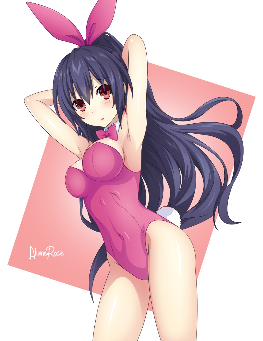 1girl absurdres akane_rose alternate_costume alternate_hairstyle animal_ears armpits arms_behind_head black_hair bow bowtie breasts bunny_ears bunny_tail bunnysuit choujigen_game_neptune cowboy_shot detached_collar highres leotard long_hair looking_at_viewer medium_breasts neptune_(series) noire pink_leotard pink_neckwear ponytail red_eyes solo standing strapless strapless_leotard tail