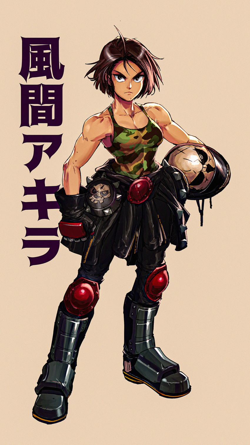 1girl absurdres ahoge armored_boots biker_clothes boots brown_eyes brown_hair camouflage camouflage_tank_top capcom david_liu gloves helmet highres justice_gakuen kazama_akira knee_pads pink_background short_hair skull solo street_fighter street_fighter_v tank_top toned translation_request