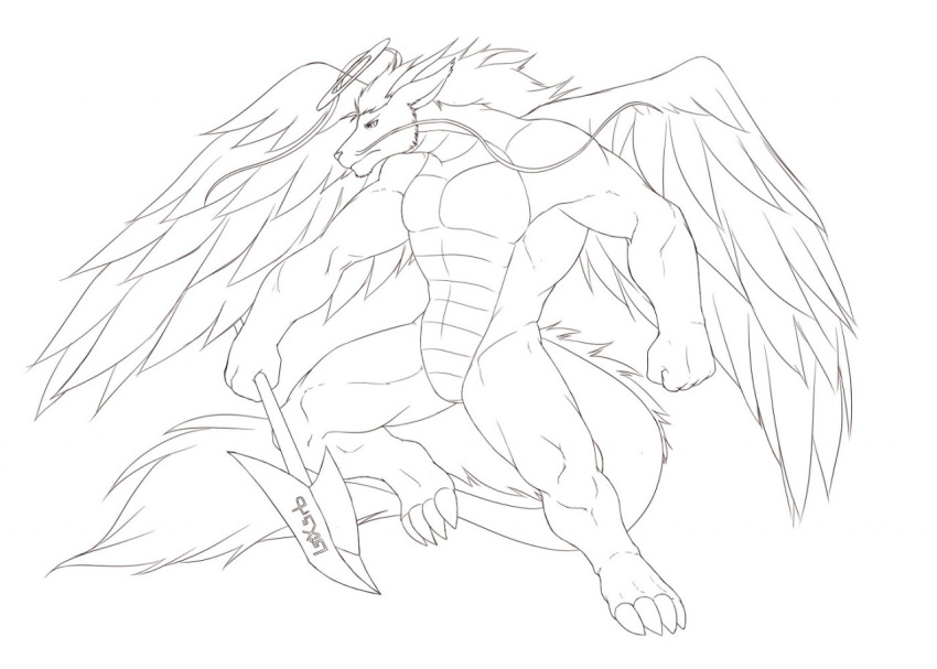 2014 anthro asian_mythology biceps black_and_white dragon draxial east_asian_mythology eastern_dragon feathered_wings feathers fur furred_dragon hair halo horn keeyrow male mane mane_hair monochrome muscular muscular_anthro muscular_male mythology nude pecs scales solo weapon whiskers wings