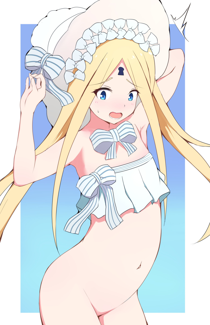 /\/\/\ 1girl abigail_williams_(fate/grand_order) abigail_williams_(swimsuit) absurdres arched_back arms_up bangs bare_arms bare_shoulders bikini bikini_top blonde_hair blue_eyes blush bonnet bottomless bow commentary_request cowboy_shot eyebrows_visible_through_hair fate/grand_order fate_(series) groin highres long_hair mitchi navel open_mouth parted_bangs solo strapless striped striped_bow sweat swimsuit very_long_hair white_bikini white_bow white_headwear