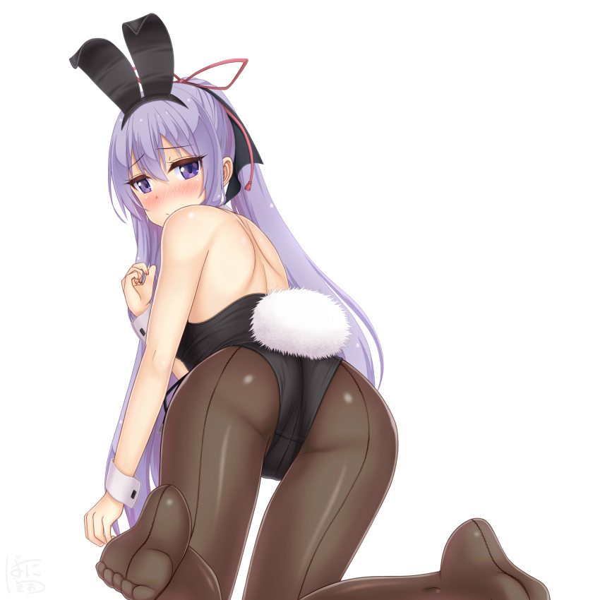 1girl absurdres all_fours animal_ears ass back-seamed_legwear black_legwear black_leotard blush bunny_ears bunny_girl bunny_tail bunnysuit from_behind highres leotard long_hair looking_at_viewer looking_back nagami_suzuka nose_blush ore_ga_suki_nano_wa_imouto_dakedo_imouto_janai pantyhose purple_eyes purple_hair red_ribbon ribbon sainohikari seamed_legwear simple_background solo strapless strapless_leotard tail very_long_hair white_background wrist_cuffs