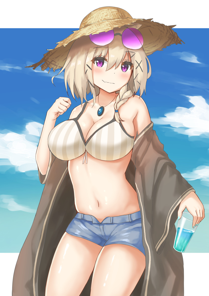 1girl aqua_nails arknights bangs bare_shoulders bikini blue_sky braid breasts cleavage cloud commentary cowboy_shot cup day eyebrows_visible_through_hair eyewear_on_head grey_bikini hair_between_eyes hand_up hat highres holding holding_cup large_breasts looking_at_viewer nail_polish off_shoulder outdoors purple_eyes short_hair short_shorts shorts silver_hair single_braid sky smile solo standing striped striped_bikini sun_hat sunglasses swimsuit thighs utage_(arknights) vertical-striped_bikini vertical_stripes yuetsu