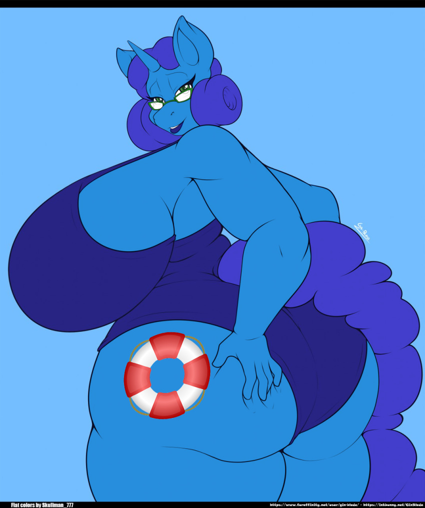 anthro big_breasts big_butt blue_background blue_body breasts butt color_edit colored cutie_mark edit equid equine eyewear female gin-blade glasses hi_res holding_butt horn huge_breasts huge_butt hyper hyper_breasts looking_back mammal mature_female my_little_pony simple_background skullman777 thick_thighs unicorn