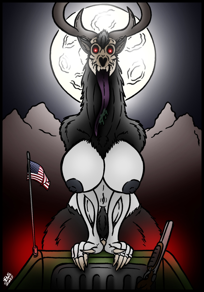 alternate_color american_mythology antlers aureola big_breasts black_body black_fur breasts colored eye_socket female full_moon fur glowing glowing_eyes grey_body grey_skin gun hi_res horn horror_(theme) indigenous_north_american_mythology light_truck long_neck long_tongue looking_at_viewer moon mountain mythology north_american_mythology pale_skin pickup_truck ranged_weapon red_eyes rifle shaded skianous skull_face solo stars_and_stripes tongue tongue_out truck_(vehicle) united_states_of_america us_flag vehicle weapon wendigo