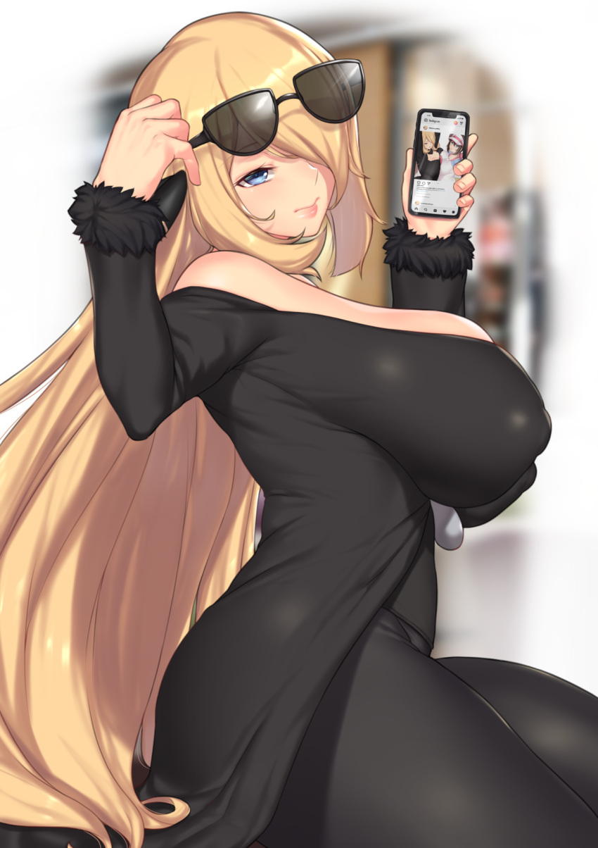 1girl aster_crowley bangs bare_shoulders blonde_hair blue_eyes blush breasts cellphone hair_ornament highres holding holding_phone huge_breasts long_hair long_sleeves looking_at_viewer mei_(pokemon) nipples pants phone pokemon pokemon_(game) pokemon_bw2 pokemon_dppt shirona_(pokemon) smartphone solo sunglasses very_long_hair