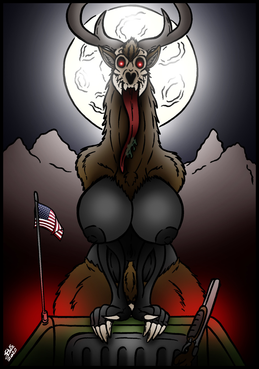 american_mythology antlers aureola big_breasts black_body black_skin breasts brown_body brown_fur colored eye_socket female full_moon fur glowing glowing_eyes gun hi_res horn horror_(theme) indigenous_north_american_mythology light_truck long_neck long_tongue looking_at_viewer moon mountain mythology north_american_mythology pickup_truck ranged_weapon red_eyes rifle shaded skianous skull_face solo stars_and_stripes tongue tongue_out truck_(vehicle) united_states_of_america us_flag vehicle weapon wendigo