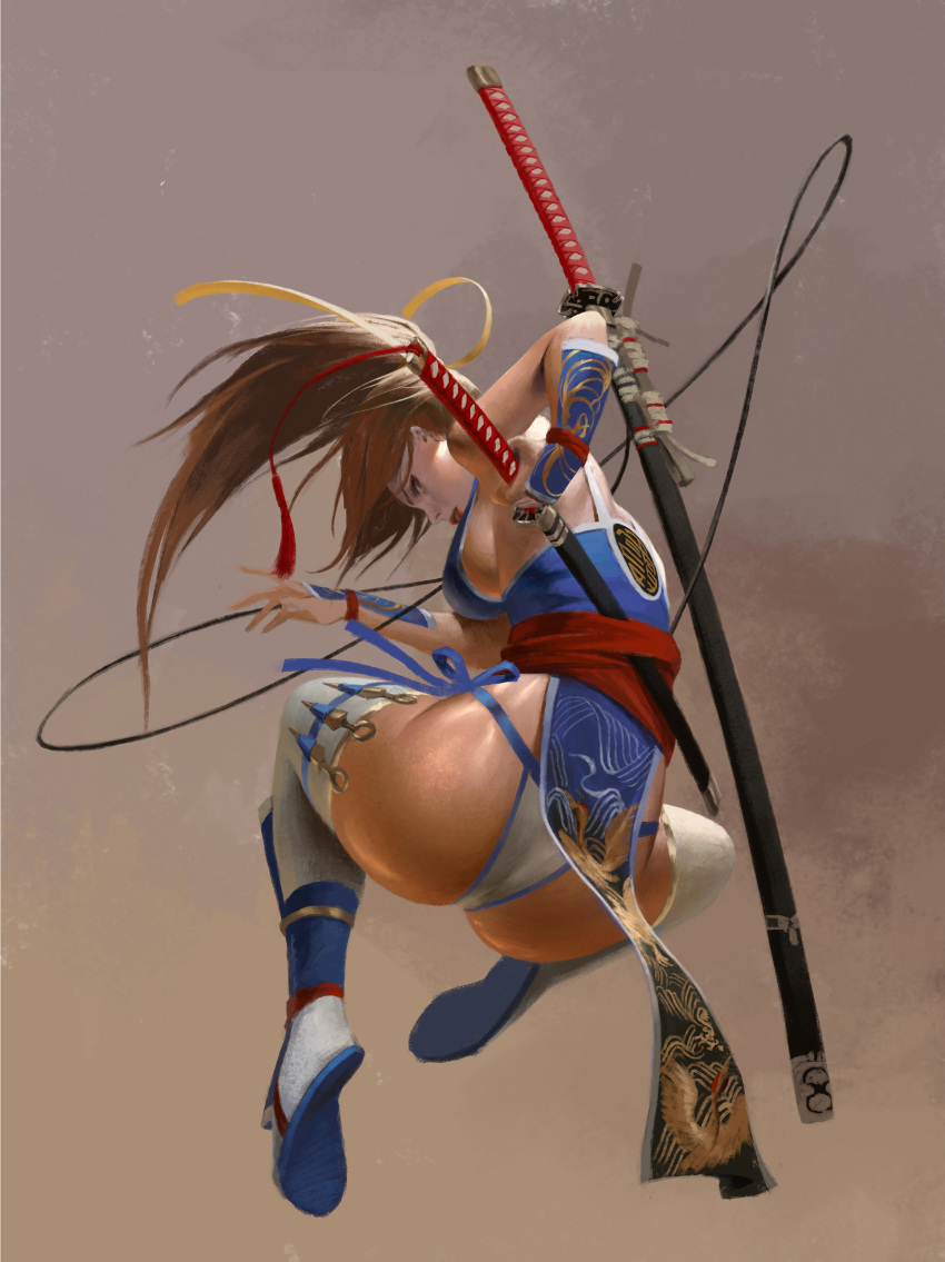 1girl absurdres animal_print arm_guards ass bangku_an bare_shoulders bird_print breasts brown_background brown_hair dead_or_alive from_behind full_body highres holding holding_sword holding_weapon jumping kasumi_(doa) katana kunai long_hair looking_back midair panties pelvic_curtain ponytail profile sash shin_guards shoe_soles short_sword side-tie_panties sideboob solo sword thigh_strap thighhighs underwear weapon white_legwear white_panties