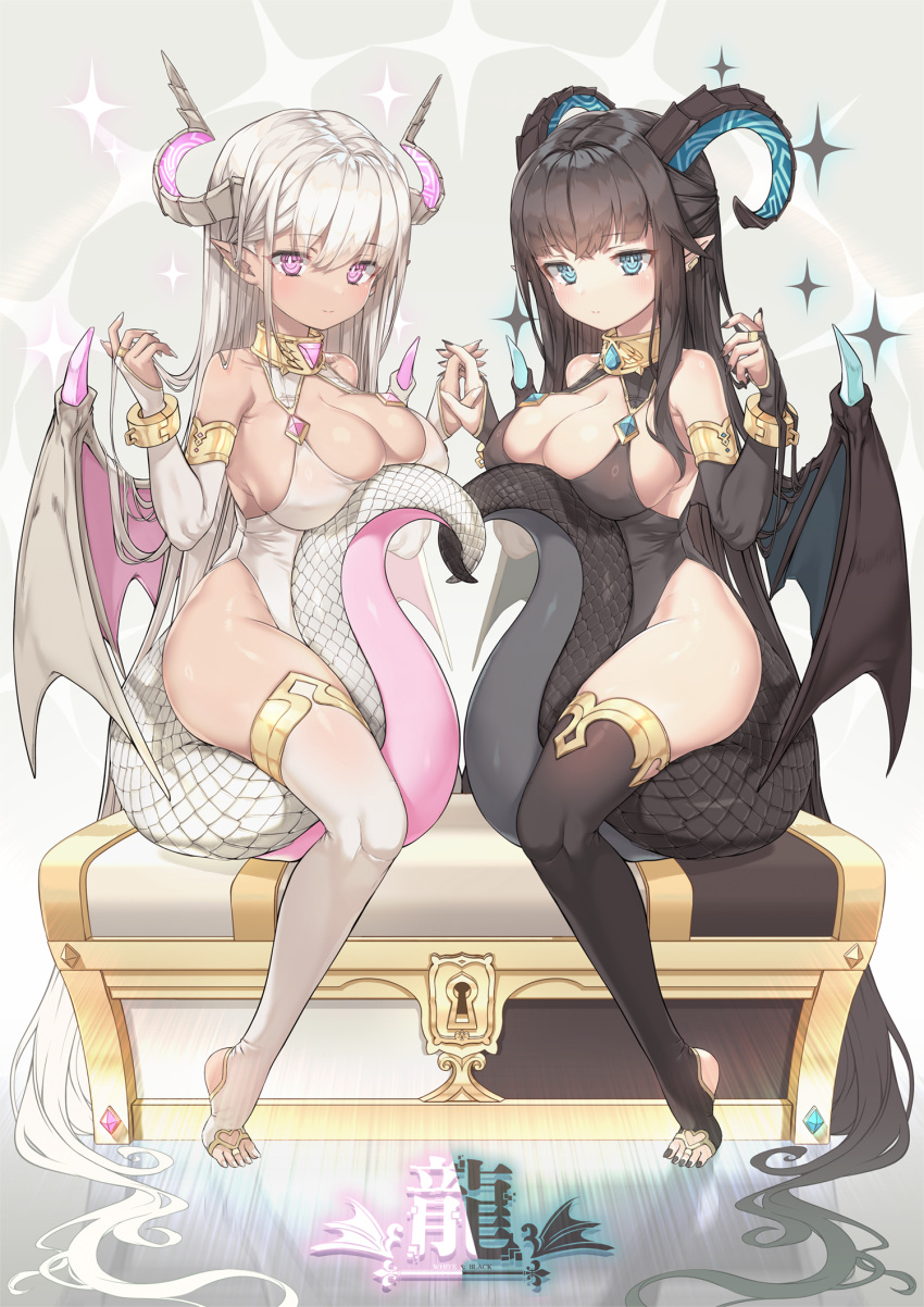 2girls aqua_eyes bangs bare_shoulders black_hair black_legwear black_leotard black_nails blue_eyes blush breasts cleavage closed_mouth collar commentary_request curled_horns dragon_girl dragon_horns dragon_tail dragon_wings eyebrows_visible_through_hair feet fingernails groin hair_between_eyes highres holding_hands horns kinos_(kw00789) large_breasts leotard long_fingernails long_hair looking_at_viewer monster_girl multiple_girls nail_polish original pink_eyes pointy_ears purple_eyes scales shiny shiny_skin siblings sidelocks sisters sitting sitting_on_tail skindentation stirrup_legwear symmetrical_pose tail thighhighs thighlet toeless_legwear toenail_polish toenails toes treasure treasure_chest twins very_long_hair white_hair white_legwear white_leotard white_nails wings