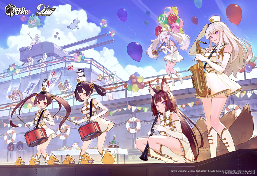 6+girls :d absurdres aiguillette akashi_(azur_lane) amagi_(azur_lane) animal_ears anniversary azur_lane balloon banner bare_shoulders belfast_(azur_lane) bird blue_sky boots breasts brown_hair bunny_ears cake chapayev_(azur_lane) chick clarinet closed_eyes cloud day dress drum elbow_gloves enterprise_(azur_lane) flying_sweatdrops food fox_ears fox_girl fox_tail gloves gold_trim hair_rings highres instrument jean_bart_(azur_lane) knee_boots laffey_(azur_lane) large_breasts lifebuoy littorio_(azur_lane) long_hair looking_at_viewer manjuu_(azur_lane) multiple_girls multiple_tails music ning_hai_(azur_lane) official_art open_mouth outdoors panda ping_hai_(azur_lane) pipe playing_instrument prinz_eugen_(azur_lane) purple_eyes purple_hair red_eyes saint-louis_(azur_lane) salute saxophone sky sleeveless sleeveless_dress smile squatting standing stuffed_alicorn table tail thighs tiara tim_loechner trombone trumpet turret twintails u-556_(azur_lane) u-81_(azur_lane) very_long_hair watermark white_dress white_footwear white_gloves white_hair white_headwear