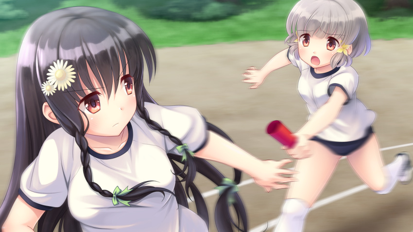 2girls black_hair bloomers blush braids flowers game_cg gym_uniform headdress hiraoka_mutsuki kamitsure_~7_no_nijou_fushigi~ kneehighs long_hair mizuki_kotora short_hair twintails yurigaoka_nanami