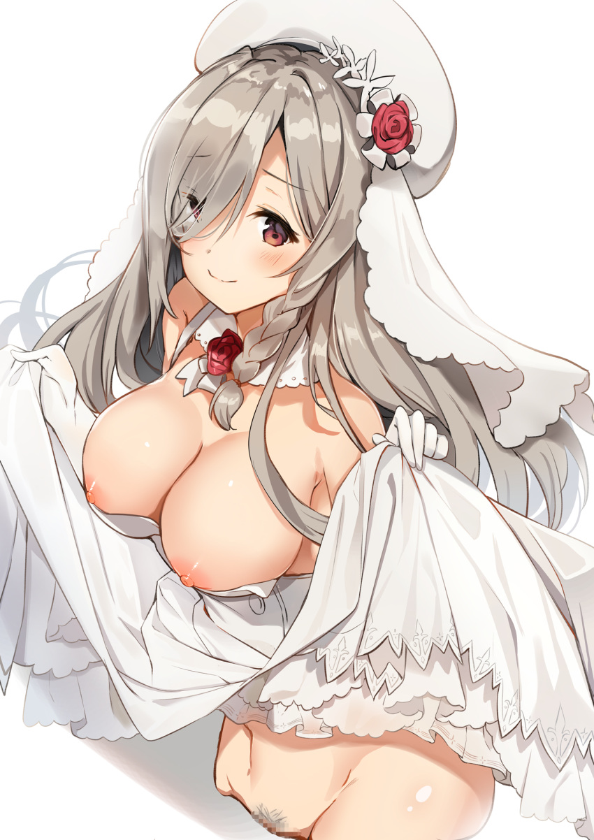 1girl alternate_costume bangs beret blush braid breasts bridal_veil choker cleavage dress dress_lift eyebrows_visible_through_hair flower g36c_(girls_frontline) girls_frontline gloves hair_over_one_eye hat highres large_breasts lifted_by_self long_hair looking_at_viewer navel nipple_slip nipples pubic_hair red_eyes red_flower red_rose rose side_braid silver_hair smile solo togo_(korlsj1235) veil very_long_hair wedding_dress white_gloves