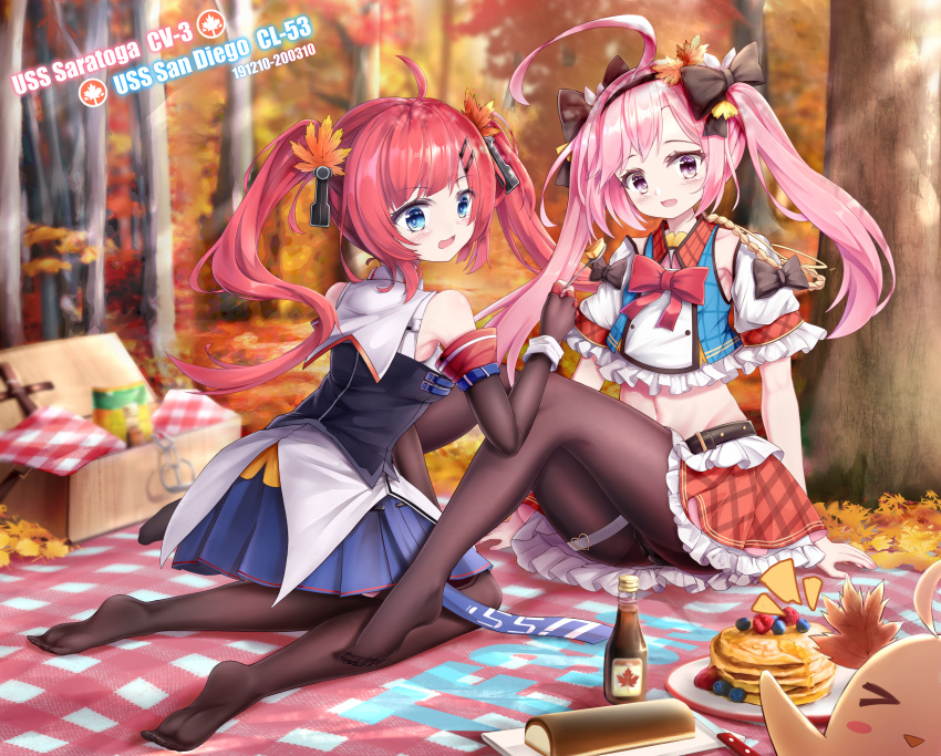 2girls :d absurdres ahoge aiguillette arm_cuffs arm_support armpit_peek autumn autumn_leaves azur_lane bangs bare_shoulders basket belt black_belt black_bow black_hairband black_legwear black_ribbon blanket blue_eyes blue_shirt blue_skirt blueberry blurry blurry_background blush bow breasts character_name collared_shirt commentary_request crop_top dappled_sunlight detached_sleeves elbow_gloves eyebrows_visible_through_hair fingerless_gloves food frilled_shirt frilled_skirt frilled_sleeves frills fruit full_body gloves grass groin hair_between_eyes hair_bow hair_ornament hairband highres hjhhzb holding holding_spoon huge_ahoge huge_filesize knife large_breasts leaf_hair_ornament light_rays long_hair looking_at_viewer manjuu_(azur_lane) maple_syrup midriff multiple_girls navel no_shoes notice_lines open_mouth outdoors pancake panties panties_under_pantyhose pantyhose photobomb picnic picnic_basket pink_hair plaid plaid_shirt plaid_skirt pleated_skirt purple_eyes red_hair red_skirt retrofit_(azur_lane) ribbon san_diego_(azur_lane) saratoga_(azur_lane) seiza shirt sidelocks sitting skirt sleeveless sleeveless_shirt small_breasts smile spoon stack_of_pancakes strawberry sunbeam sunlight thigh_strap thighhighs tree twintails underwear white_shirt white_sleeves