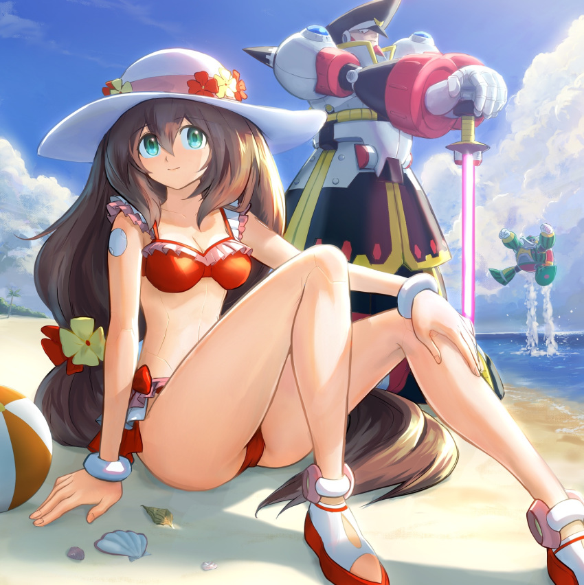 1boy 1girl android arm_support armor ass ball bangs bare_shoulders beach beachball bikini blue_sky bracelet breasts brown_hair chill_penguin cleavage cloud collarbone colonel commentary_request day eyebrows_visible_through_hair floating flower full_body gloves green_eyes hair_between_eyes hand_on_own_knee hat hat_flower helmet highres holding holding_weapon hoshi_mikan iris_(rockman_x) jewelry long_hair looking_at_another looking_at_viewer low-tied_long_hair medium_breasts midriff navel ocean official_alternate_costume outdoors red_bikini rockman rockman_x rockman_x_dive sand shadow shell sidelocks sitting sky smile standing sun_hat swimsuit sword very_long_hair weapon white_footwear white_gloves white_headwear