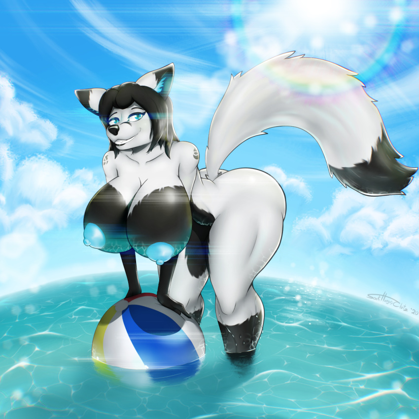 1:1 android anthro ball beach_ball bent_over big_breasts blue_eyes breasts canid canine chromatic_aberration cloud female fox glowing glowing_nipples hi_res huge_breasts inner_ear_fluff lens_flare machine mammal nipples nude presenting presenting_breasts robot sockhungryclutz solo tuft water