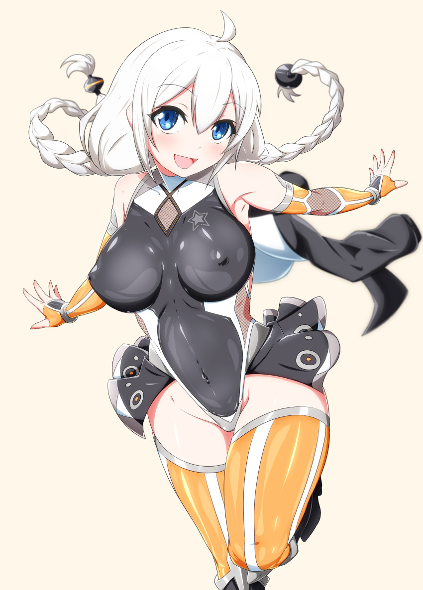 1girl absurdres black_jacket blue_eyes bodysuit braid breasts covered_navel covered_nipples danpu gloves highres impossible_clothes impossible_leotard jacket kizuna_akari large_breasts leotard looking_at_viewer orange_gloves orange_legwear shiny shiny_clothes silver_hair skin_tight smile solo striped striped_legwear taimanin_(series) taimanin_suit twin_braids vertical-striped_legwear vertical_stripes vocaloid voiceroid